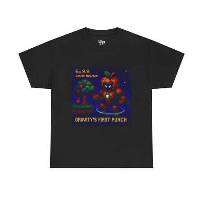 Black Gravity's First Punch physics T-shirt, pixel-art Newton’s law of gravitation design, front view