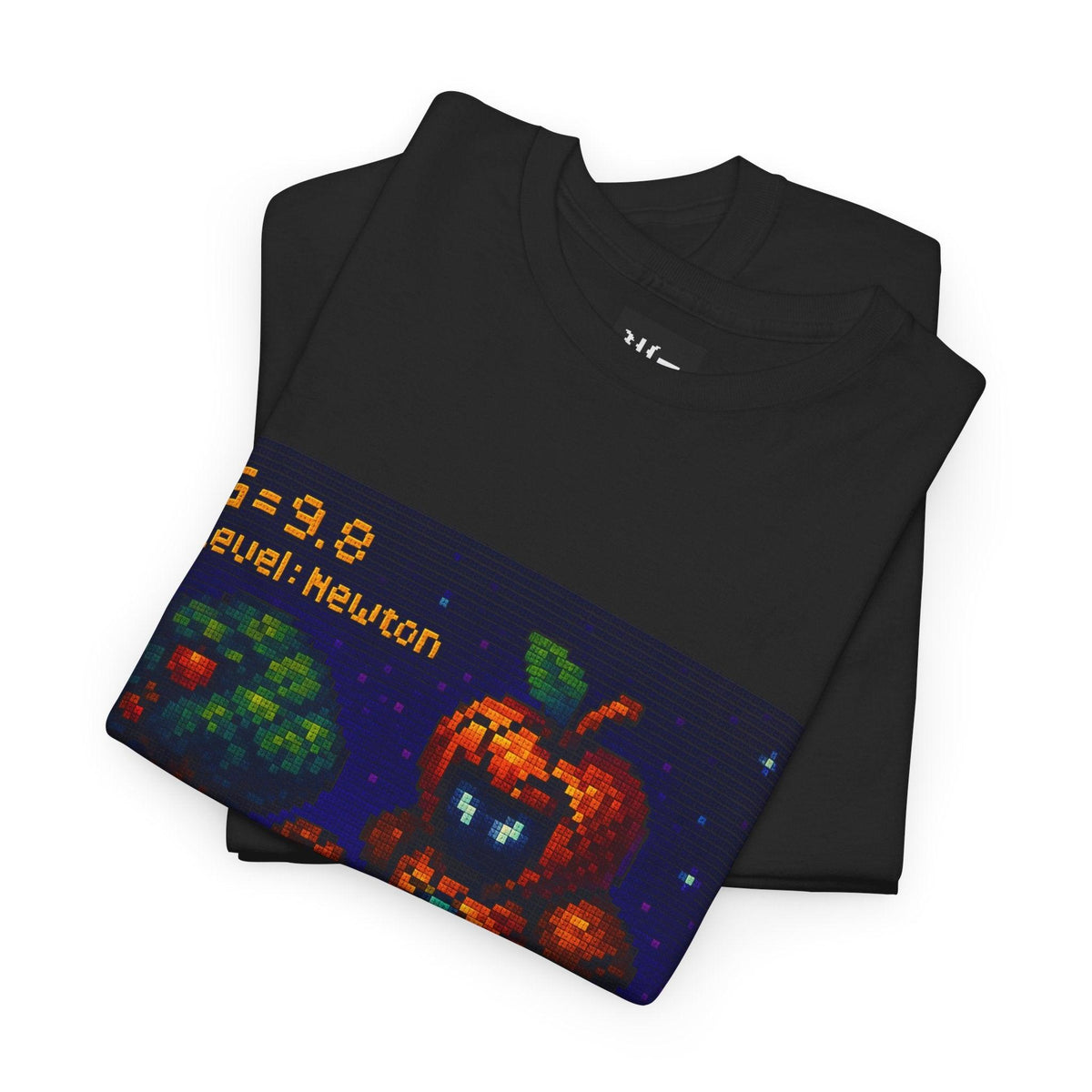 Black Gravity's First Punch physics T-shirt, pixel-art Newton’s law of gravitation design, folded