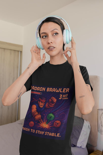 Black Hadron Brawler physics T-shirt, pixel-art strong force, quark confinement design, worn by a woman