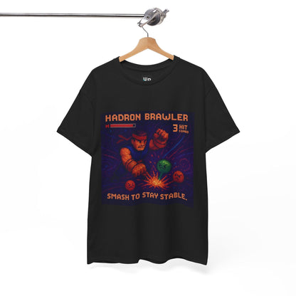 Black Hadron Brawler physics T-shirt, pixel-art strong force, quark confinement design, on a hanger