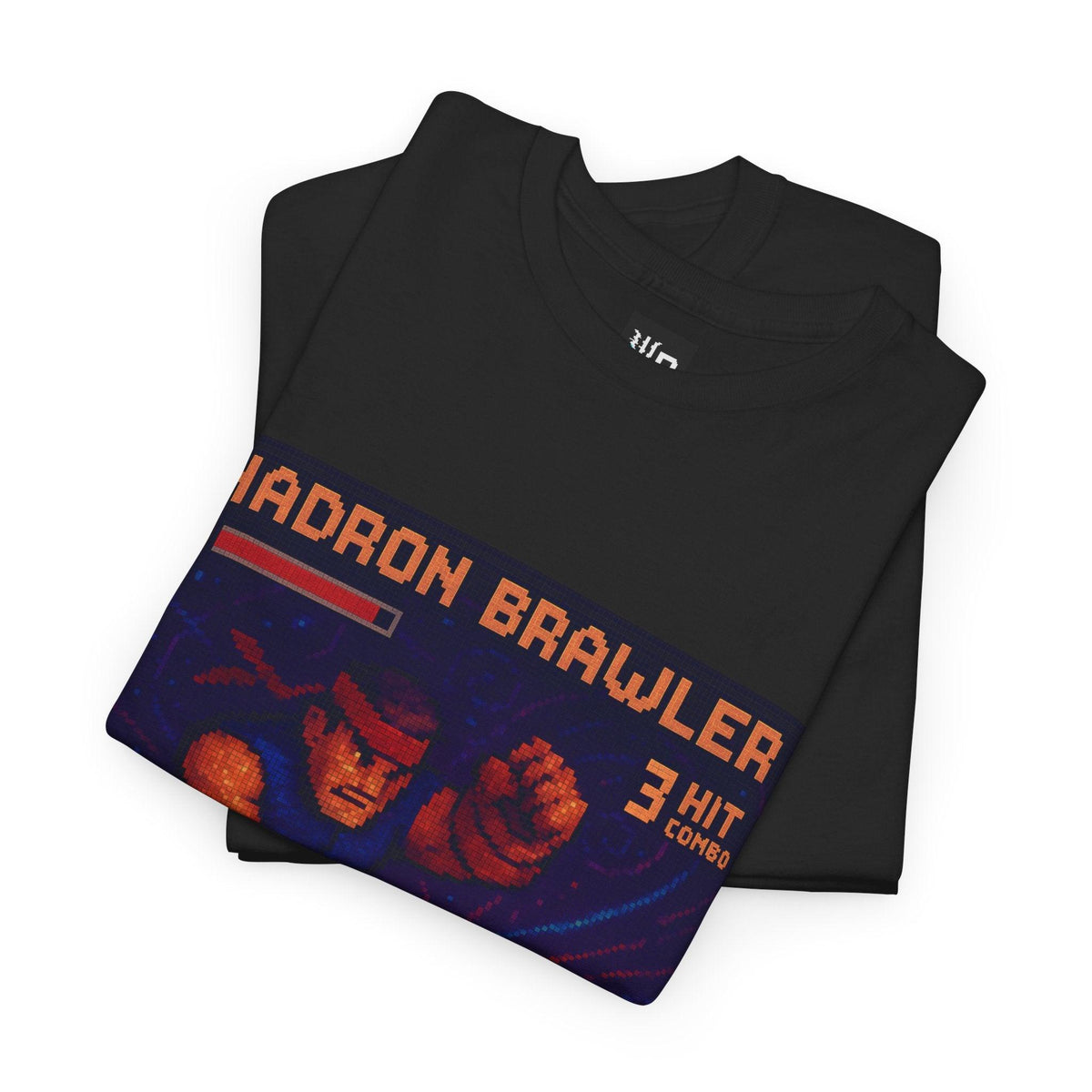 Black Hadron Brawler physics T-shirt, pixel-art strong force, quark confinement design, folded