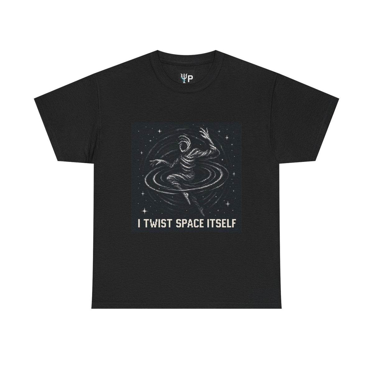 Black I Twist Space Itself physics T-shirt, pixel-art gravitational lensing design, front view