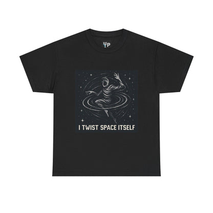 Black I Twist Space Itself physics T-shirt, pixel-art gravitational lensing design, front view
