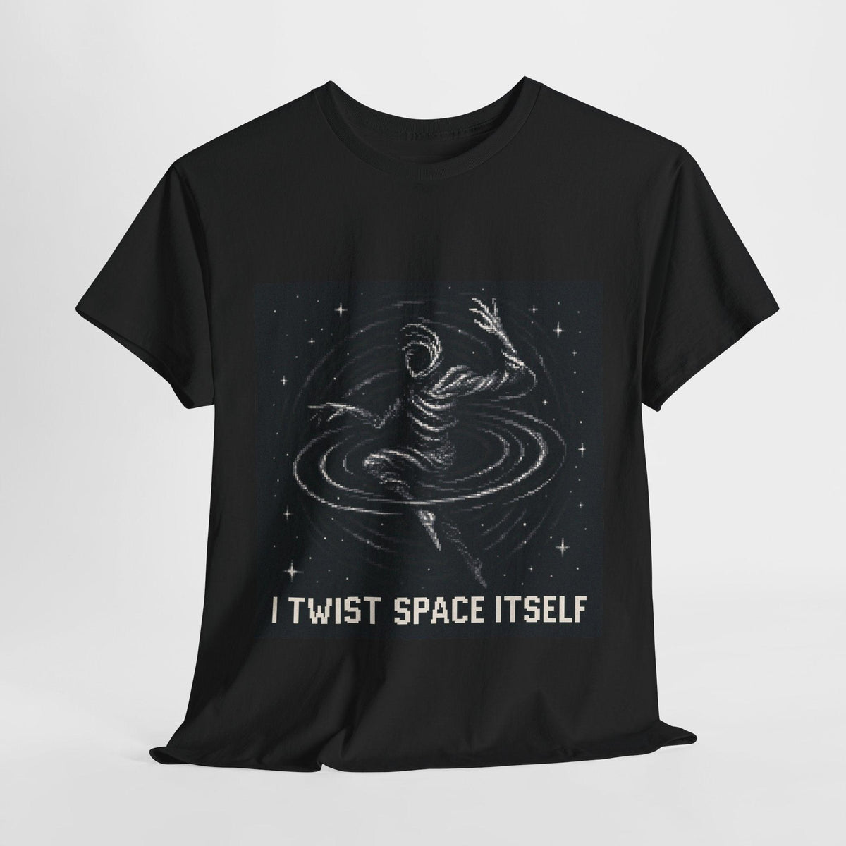 Black I Twist Space Itself physics T-shirt, pixel-art gravitational lensing design, front view