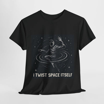 Black I Twist Space Itself physics T-shirt, pixel-art gravitational lensing design, front view