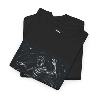Black I Twist Space Itself physics T-shirt, pixel-art gravitational lensing design, folded