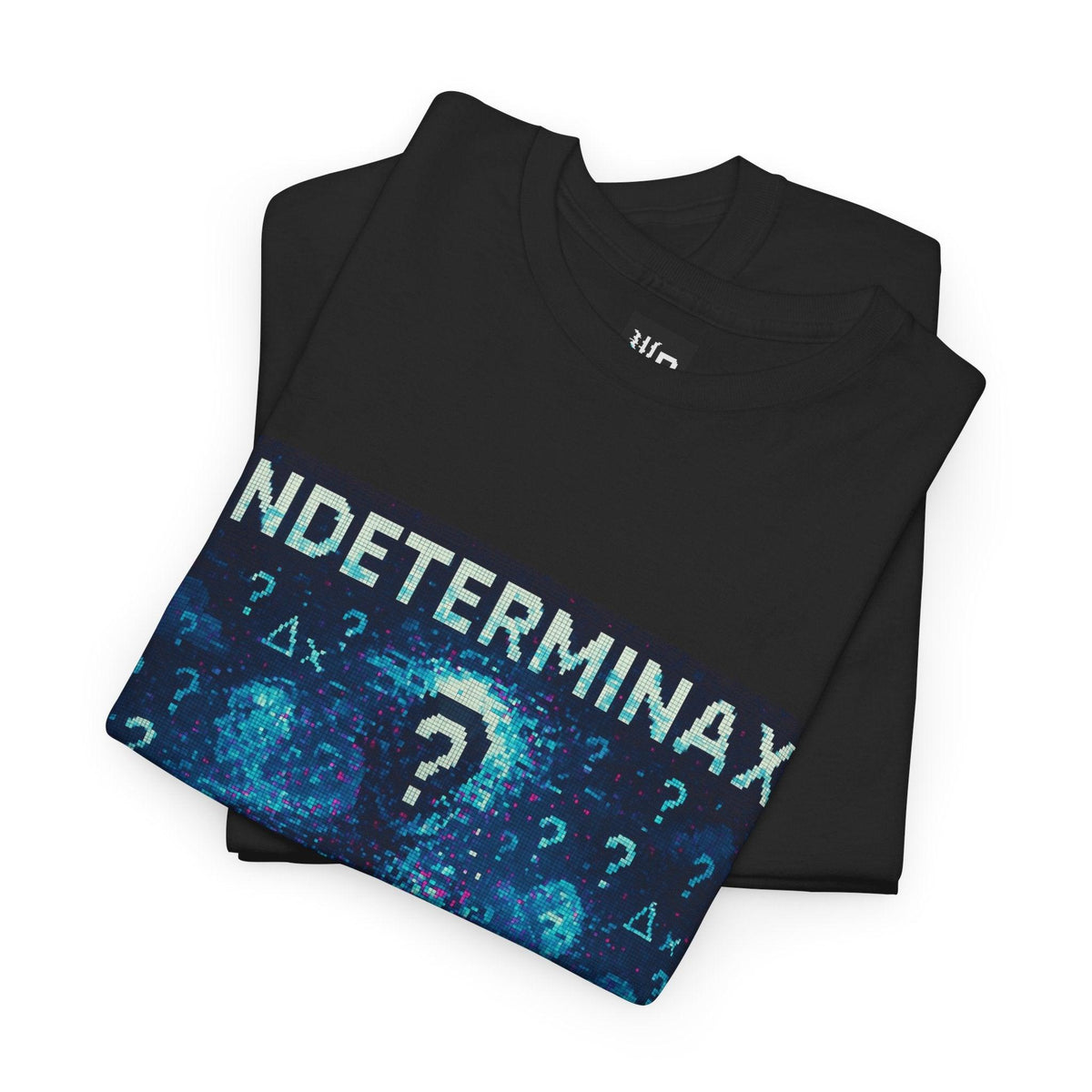 Black Indeterminax physics T-shirt, pixel-art uncertainty principle design, folded