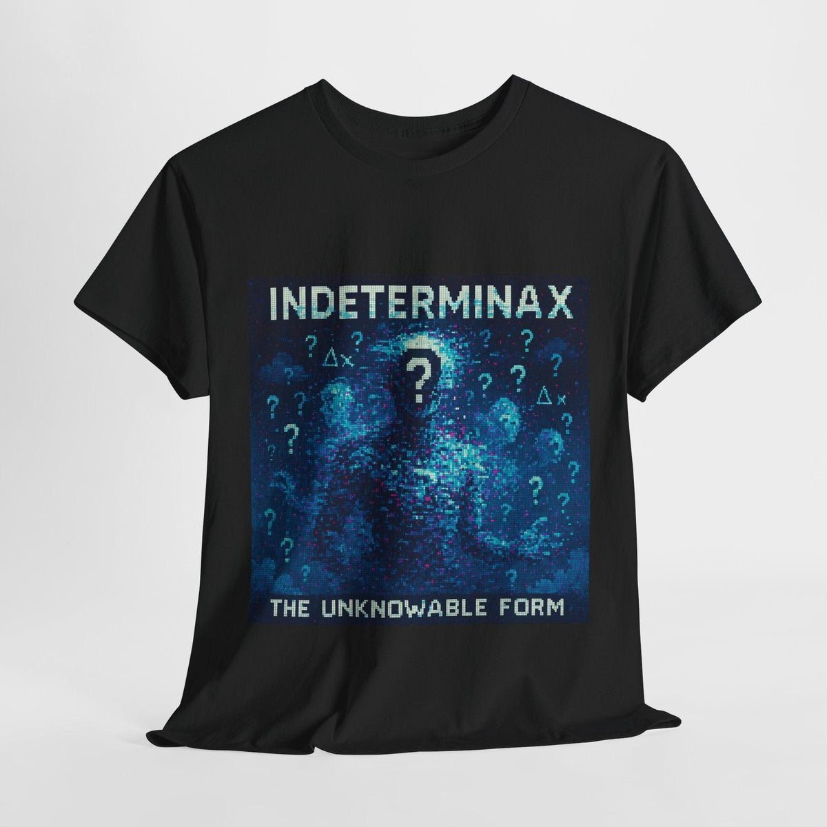 Black Indeterminax physics T-shirt, pixel-art uncertainty principle design, front view