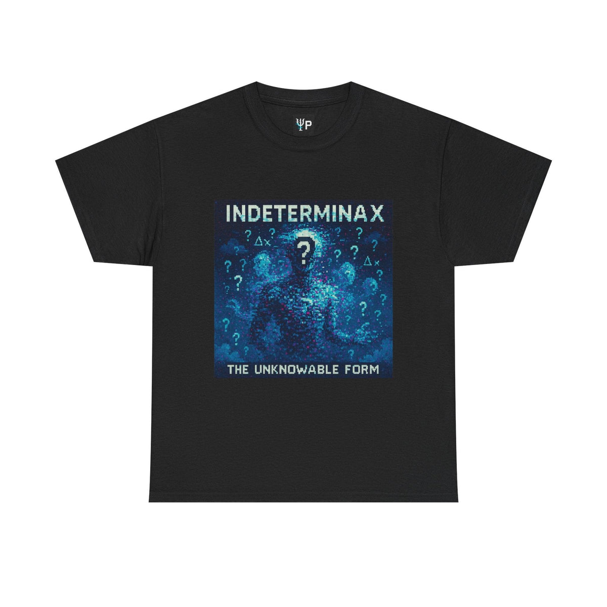 Black Indeterminax physics T-shirt, pixel-art uncertainty principle design, front view
