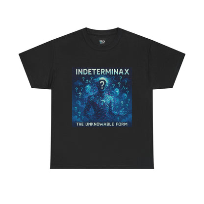 Black Indeterminax physics T-shirt, pixel-art uncertainty principle design, front view