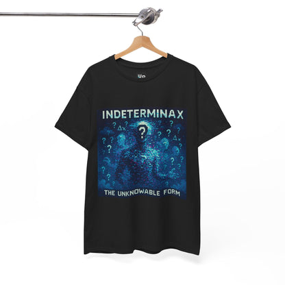 Black Indeterminax physics T-shirt, pixel-art uncertainty principle design, on a hanger