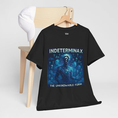 Black Indeterminax physics T-shirt, pixel-art uncertainty principle design, hanging on a chair