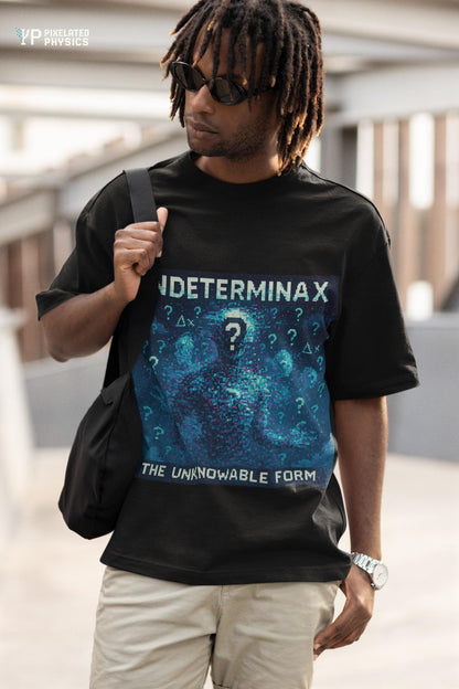Black Indeterminax physics T-shirt, pixel-art uncertainty principle design, worn by a man