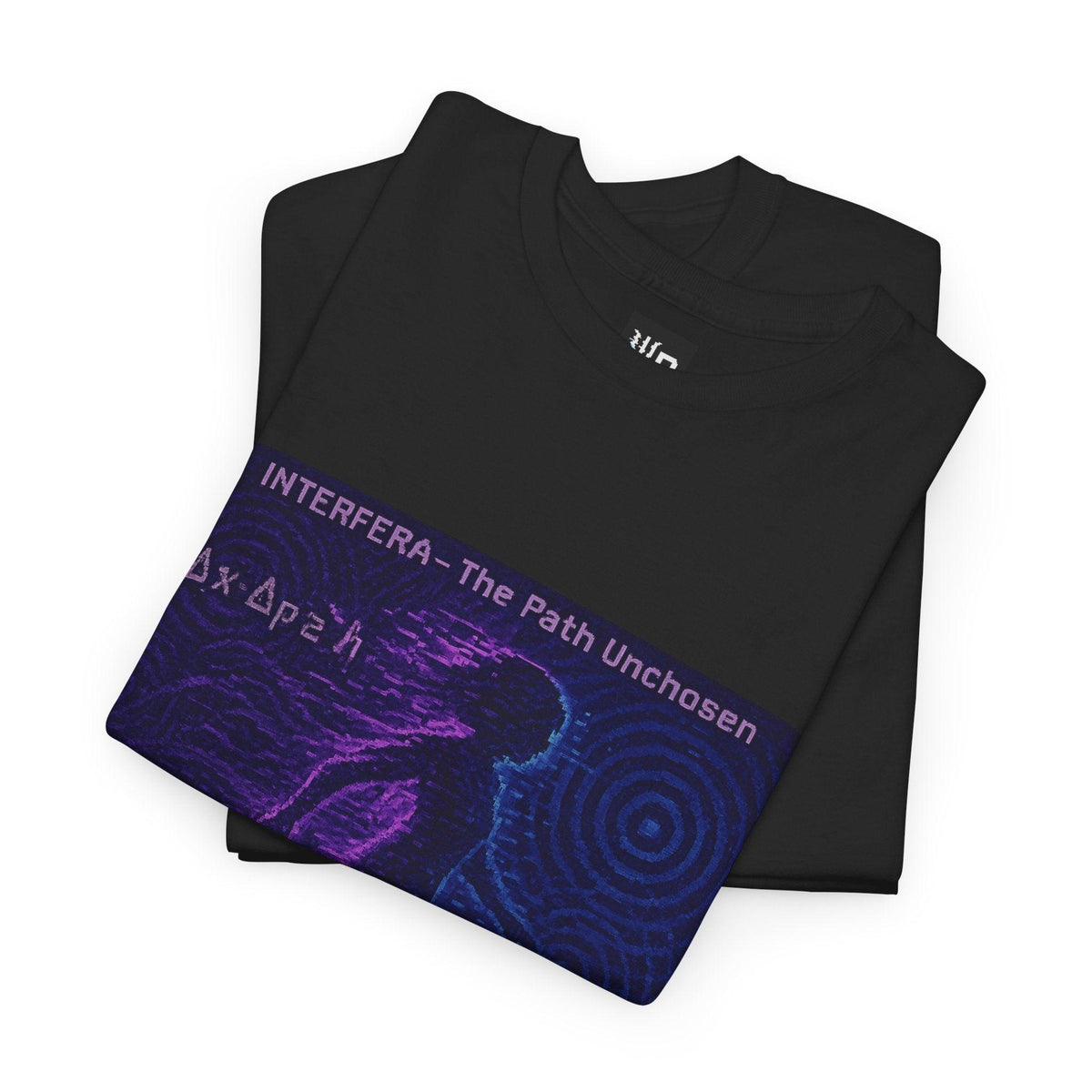 Black Interfera physics T-shirt, pixel-art quantum interference design, folded