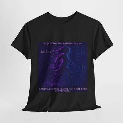 Black Interfera physics T-shirt, pixel-art quantum interference design, front view