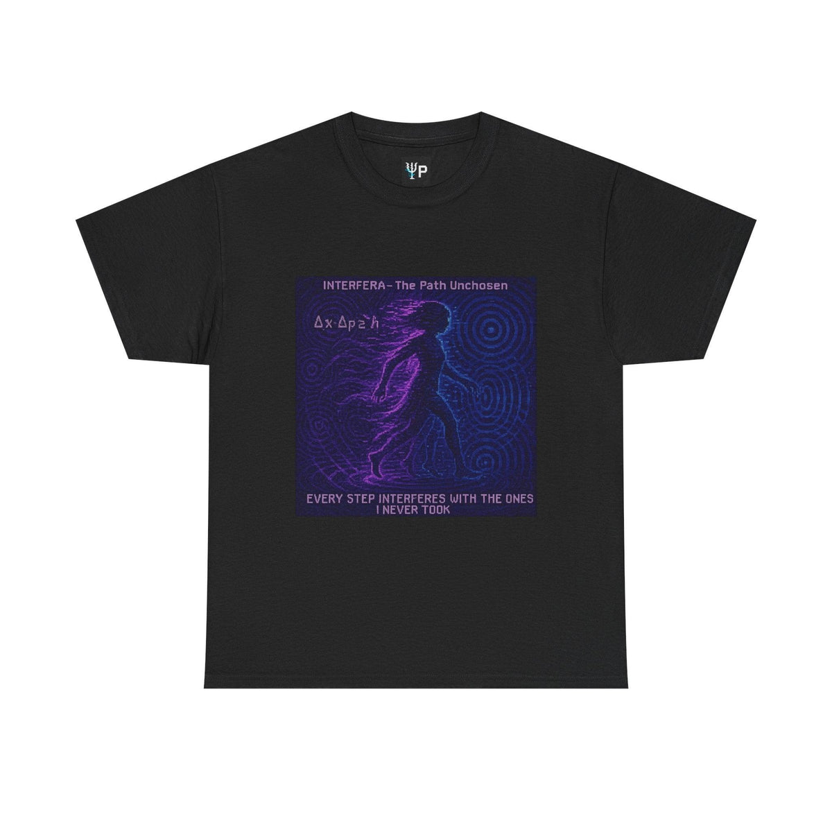 Black Interfera physics T-shirt, pixel-art quantum interference design, front view