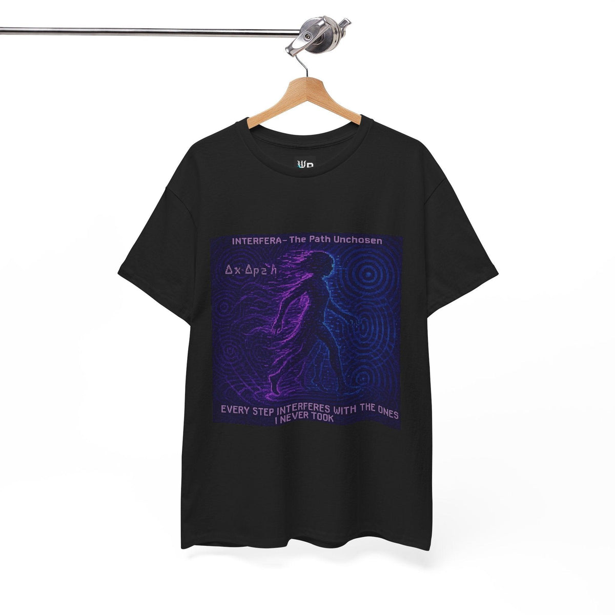 Black Interfera physics T-shirt, pixel-art quantum interference design, on a hanger