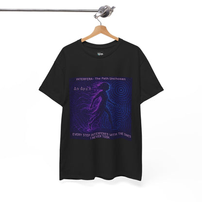 Black Interfera physics T-shirt, pixel-art quantum interference design, on a hanger