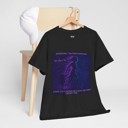Black Interfera physics T-shirt, pixel-art quantum interference design, hanging on a chair