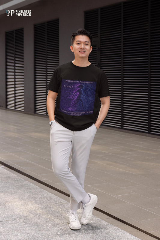 Black Interfera physics T-shirt, pixel-art quantum interference design, worn by a man