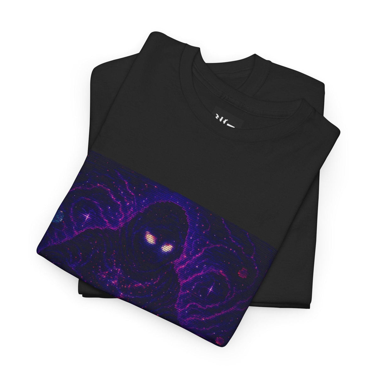 Black The Lurker physics T-shirt, pixel-art general relativity design, folded