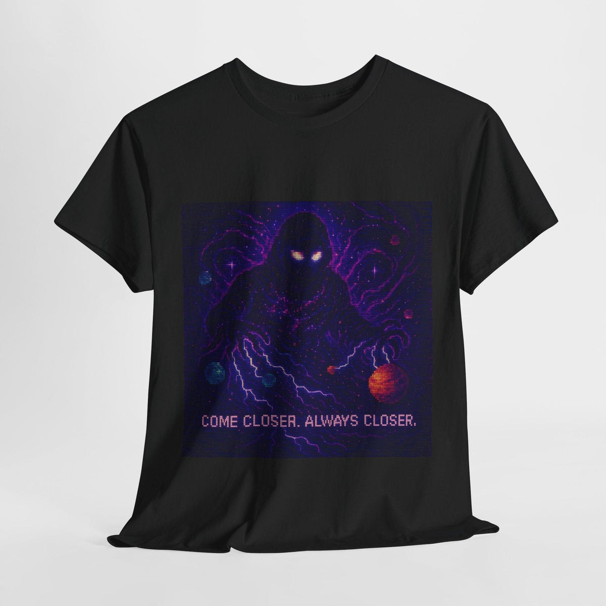 Black The Lurker physics T-shirt, pixel-art general relativity design, front view