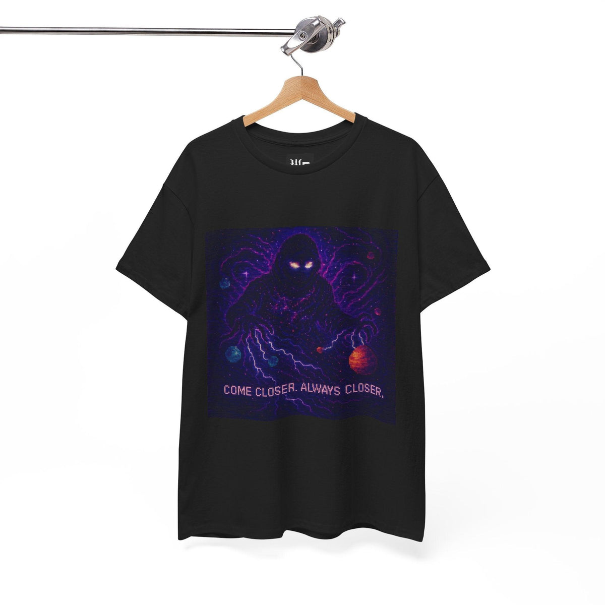 Black The Lurker physics T-shirt, pixel-art general relativity design, on a hanger