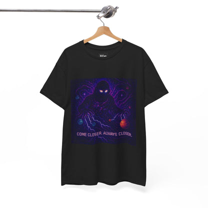 Black The Lurker physics T-shirt, pixel-art general relativity design, on a hanger