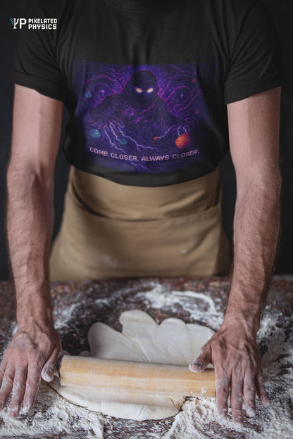 Black The Lurker physics T-shirt, pixel-art general relativity design, worn by a man