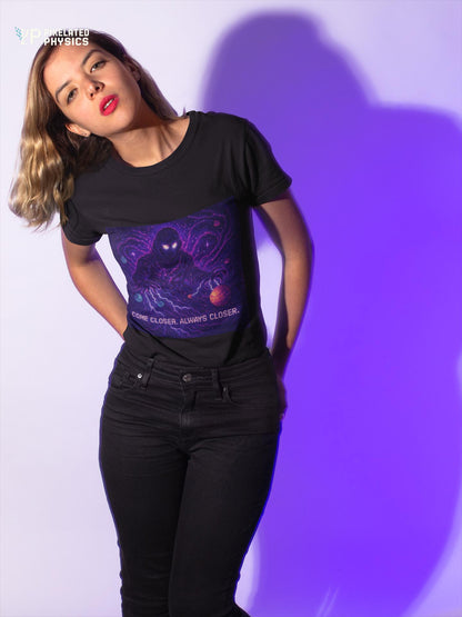 Black The Lurker physics T-shirt, pixel-art general relativity design, worn by a woman