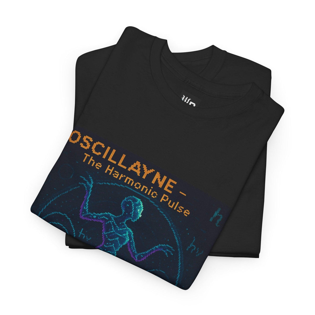 Black Oscillayne physics T-shirt, pixel-art resonance design, folded
