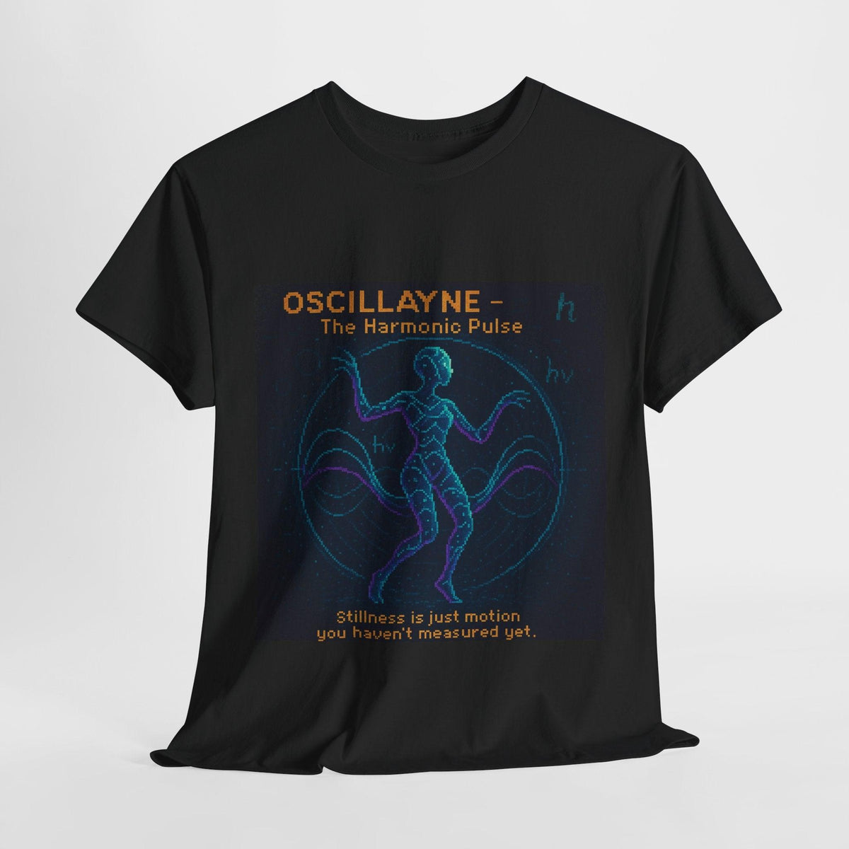 Black Oscillayne physics T-shirt, pixel-art resonance design, front view