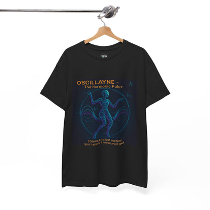 Black Oscillayne physics T-shirt, pixel-art resonance design, on a hanger