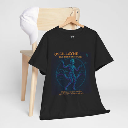 Black Oscillayne physics T-shirt, pixel-art resonance design, hanging on a chair