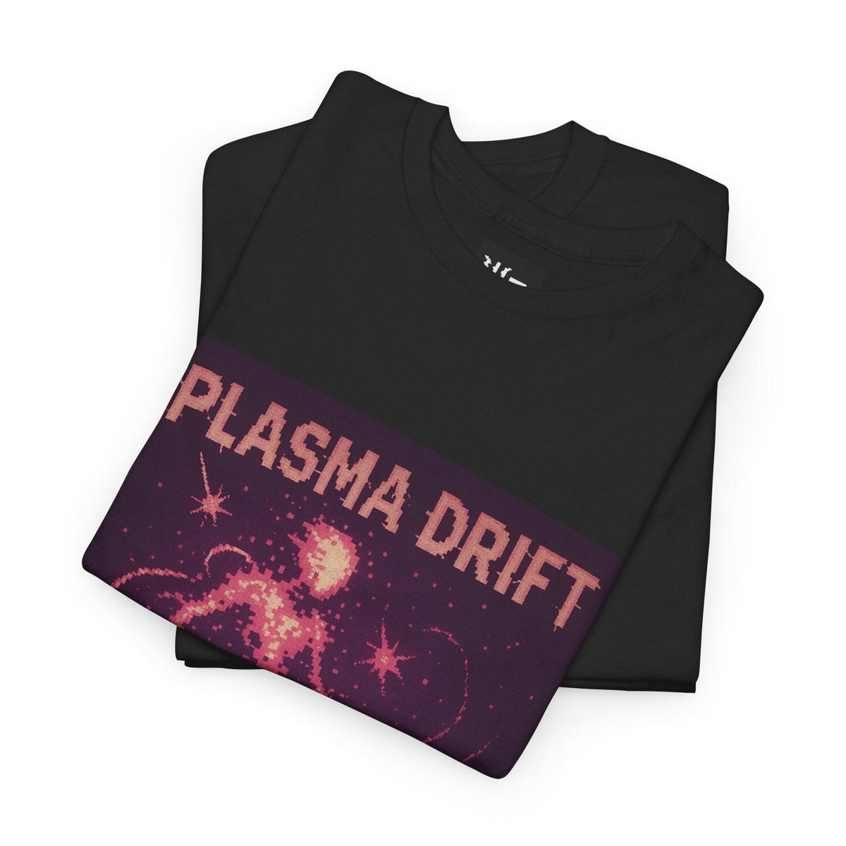 Black Plasma Drift physics T-shirt, pixel-art plasma, ionized gas design, folded