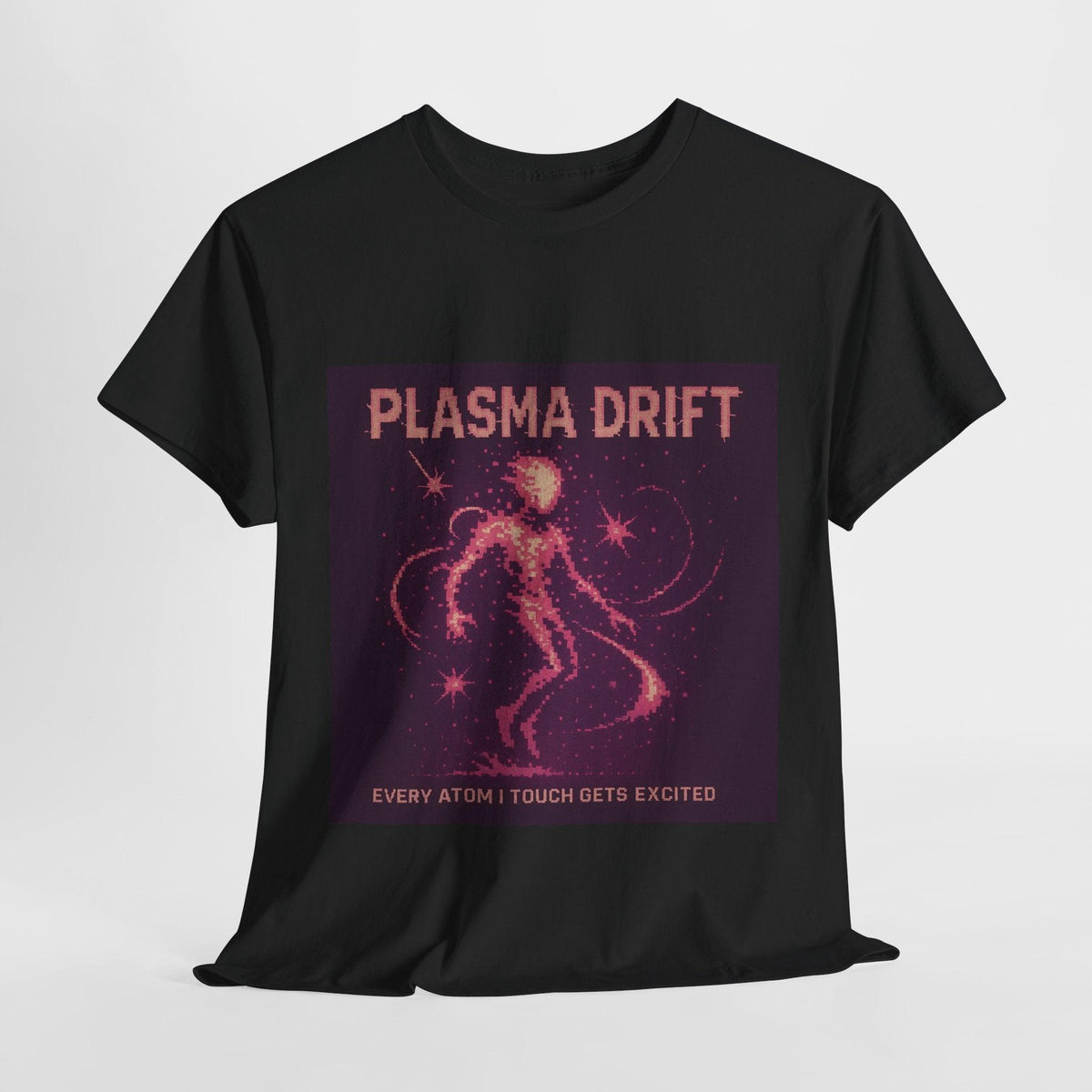 Black Plasma Drift physics T-shirt, pixel-art plasma, ionized gas design, front view