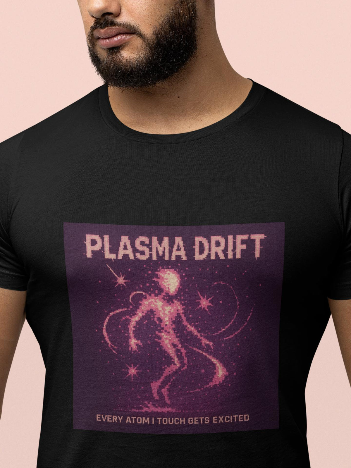 Black Plasma Drift physics T-shirt, pixel-art plasma, ionized gas design, worn by a man