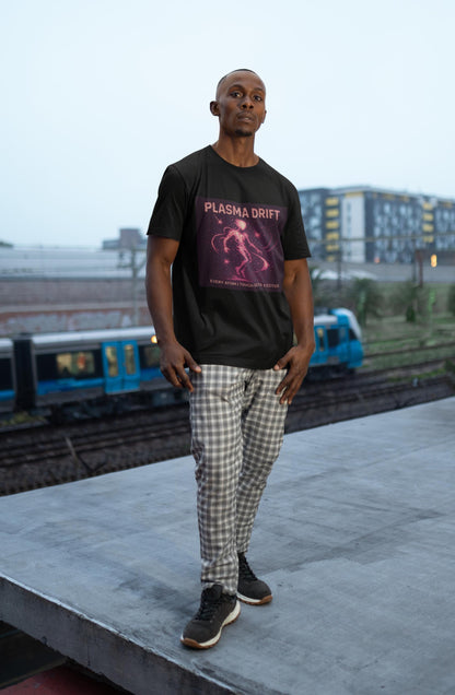 Black Plasma Drift physics T-shirt, pixel-art plasma, ionized gas design, worn by a man