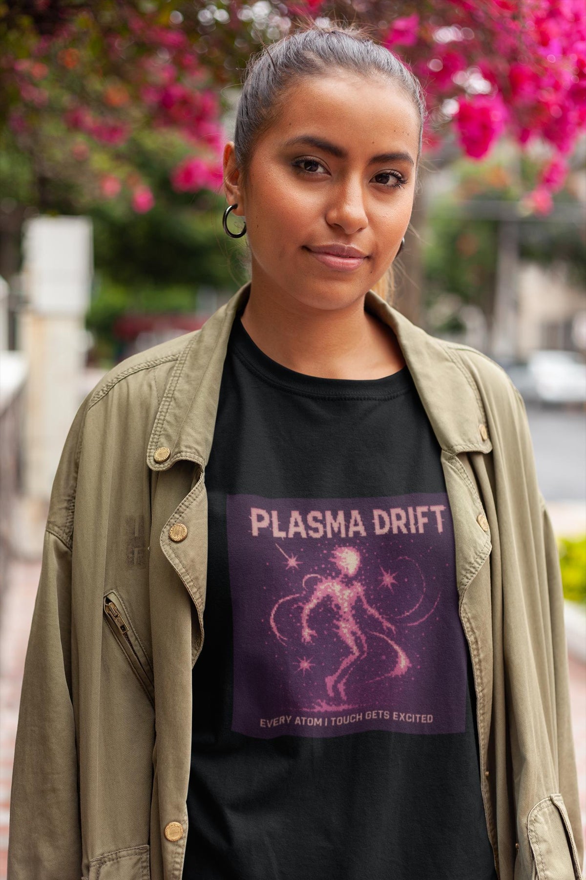 Black Plasma Drift physics T-shirt, pixel-art plasma, ionized gas design, worn by a woman