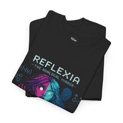 Black Reflexia physics T-shirt, pixel-art quantum nonlocality design, folded
