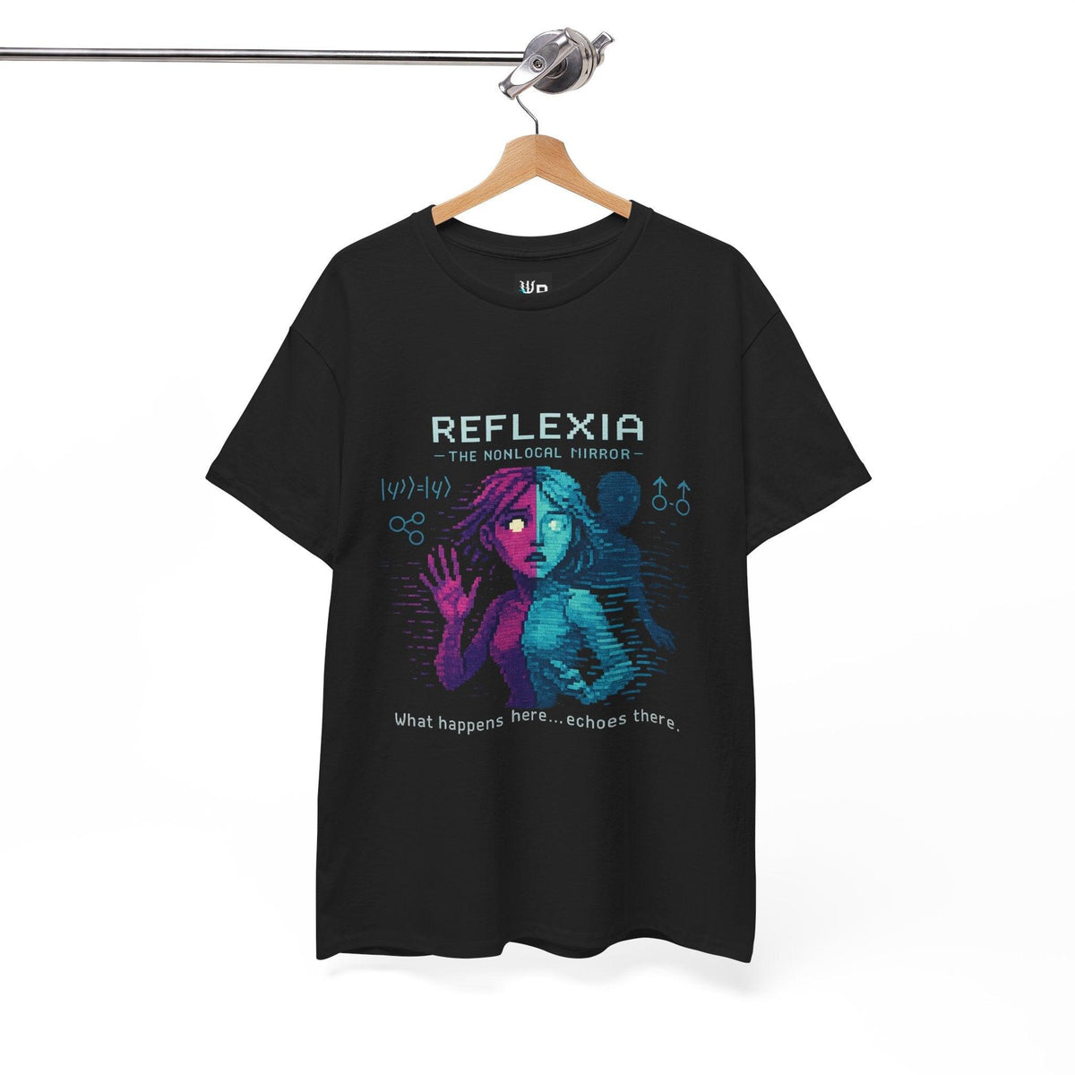 Black Reflexia physics T-shirt, pixel-art quantum nonlocality design, on a hanger
