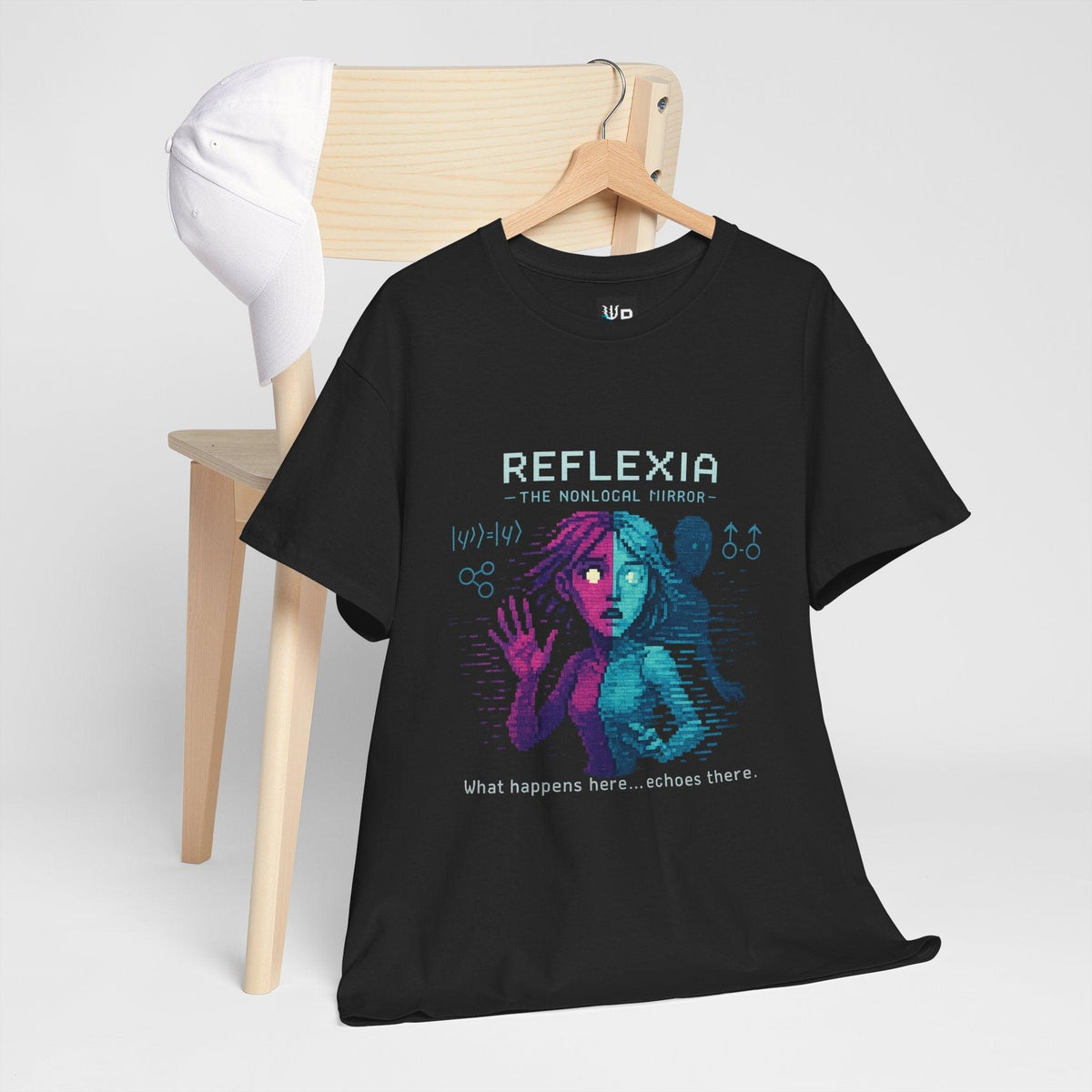 Black Reflexia physics T-shirt, pixel-art quantum nonlocality design, hanging on a chair