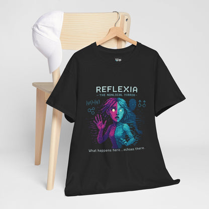 Black Reflexia physics T-shirt, pixel-art quantum nonlocality design, hanging on a chair