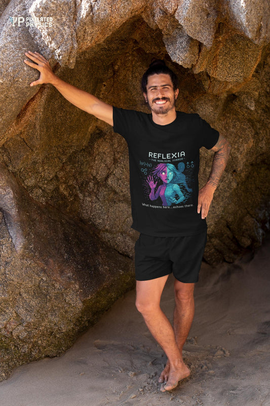 Black Reflexia physics T-shirt, pixel-art quantum nonlocality design, worn by a woman
