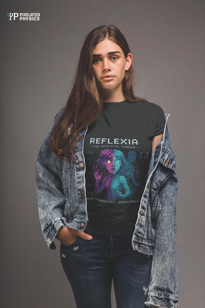 Black Reflexia physics T-shirt, pixel-art quantum nonlocality design, worn by a woman