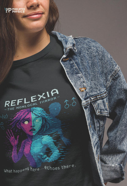 Black Reflexia physics T-shirt, pixel-art quantum nonlocality design, worn by a woman