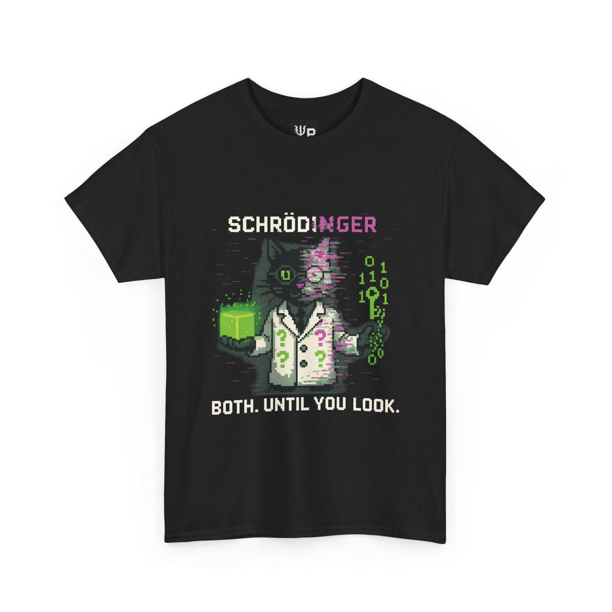 Black Schrödy physics T-shirt, pixel-art Schrödinger’s cat design, front view
