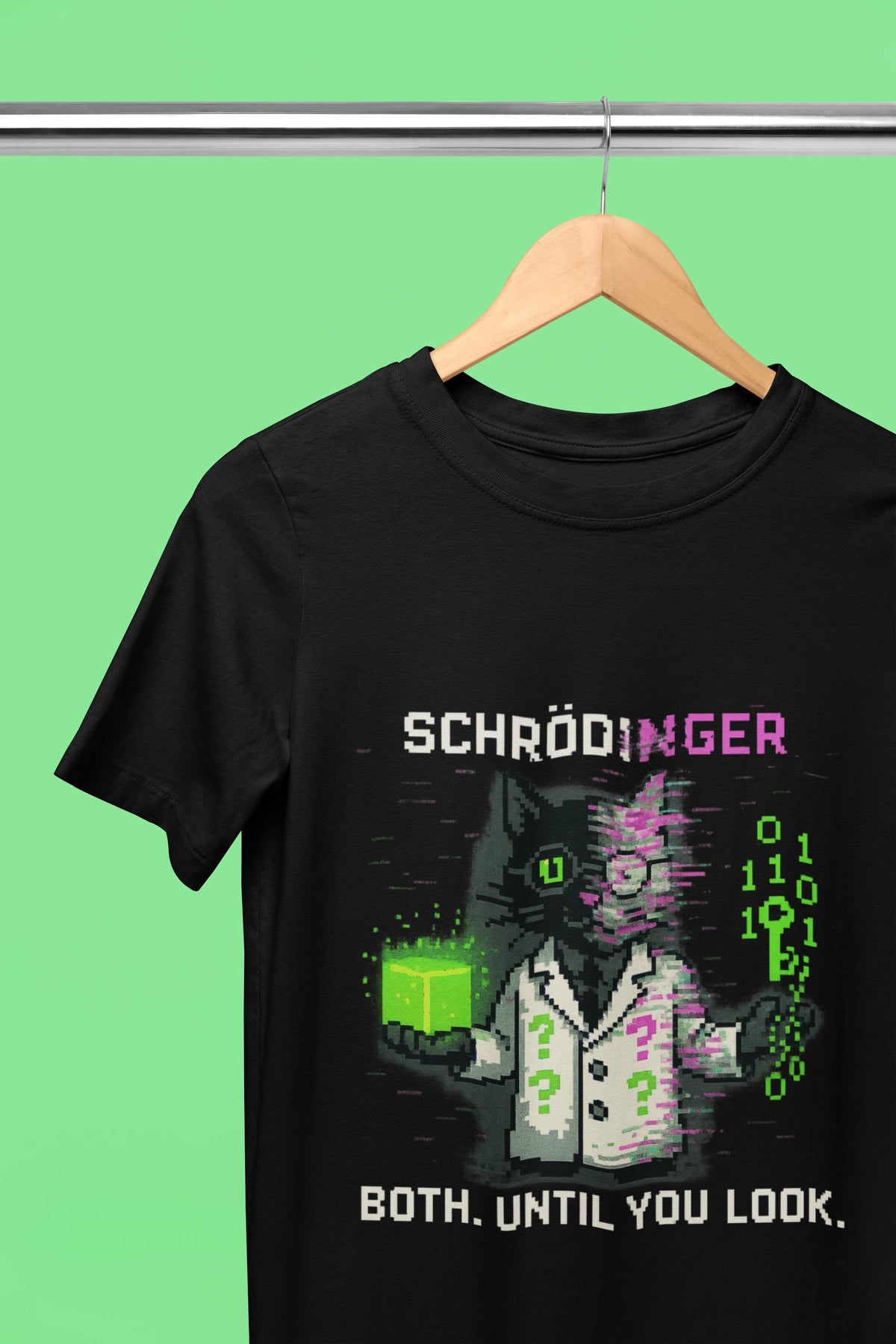 Black Schrödy physics T-shirt, pixel-art Schrödinger’s cat design, on a hanger