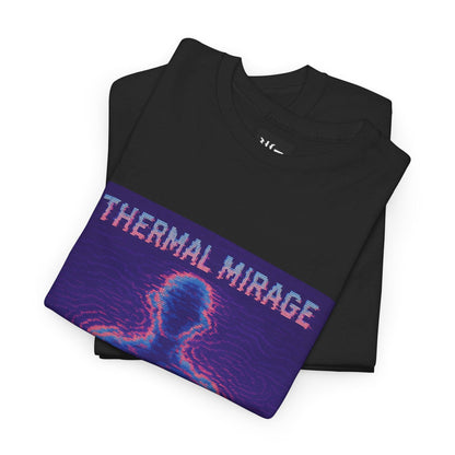 Black Thermal Mirage physics T-shirt, pixel-art mirage refraction design, folded