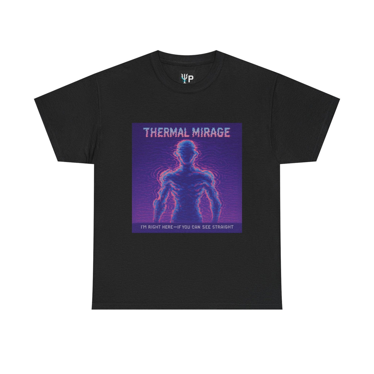 Black Thermal Mirage physics T-shirt, pixel-art mirage refraction design, front view